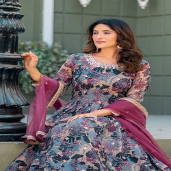 Premium Designer Floral Printed Taby Silk Readymade Gown with Net Dupatta